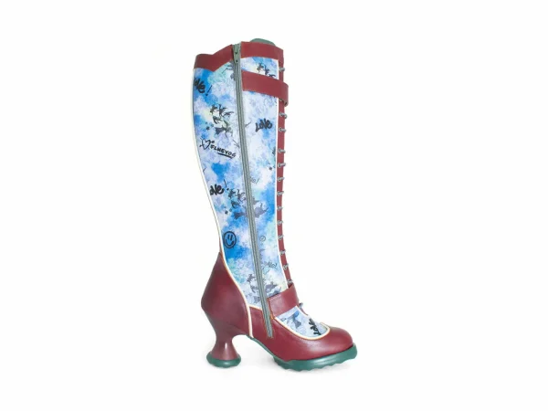 Women's^Fluevog Shoes Sugarcandy | Tall Buckle Boot With Zipper Burgundy/Graffiti