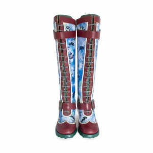 Women's^Fluevog Shoes Sugarcandy | Tall Buckle Boot With Zipper Burgundy/Graffiti